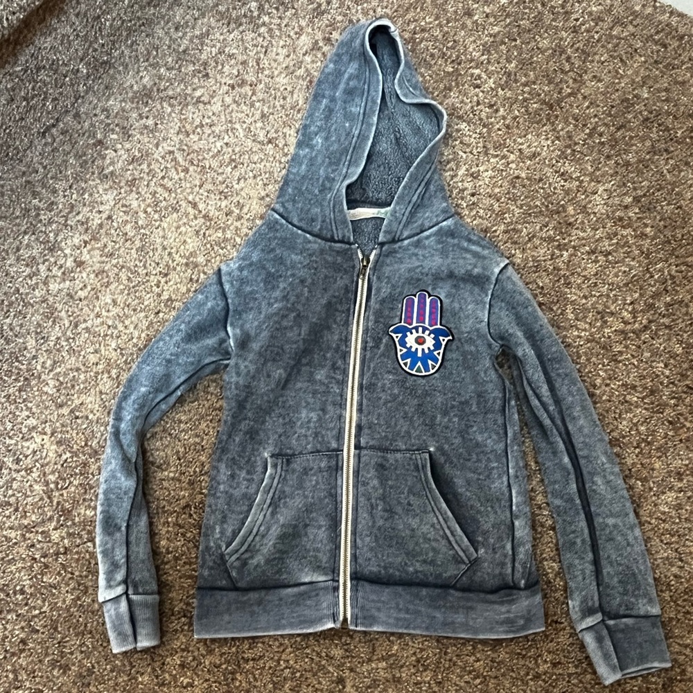 ⭐️Vintage Havana - Heathered Blue Zip-Up Hoodie with Hamsa Patch - Girls L (14)